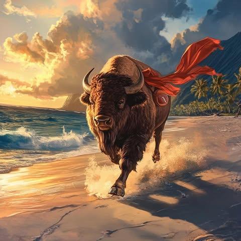 Buffalo-themed buffalo running on a Hawaii beach at sunset